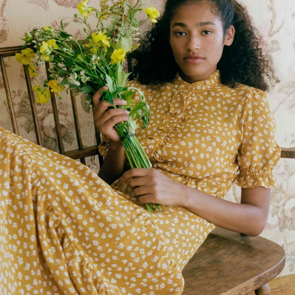 Christy Dawn Elle Dress Mustard Seed Floral Yellow Orange Ruffle Midi NWT Small